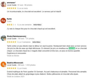 Capture d'écran d'avis client : "j'y vais à chaque fois pour le chocolat chaud qui est excellent"